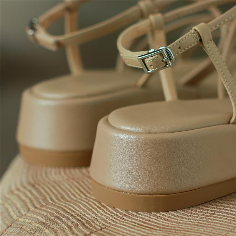 Meotina Femmes chaussures en cuir véritable plate-forme été boucle sandales sangle croisée chaussures pour dames abricot jaune cuir de vache
