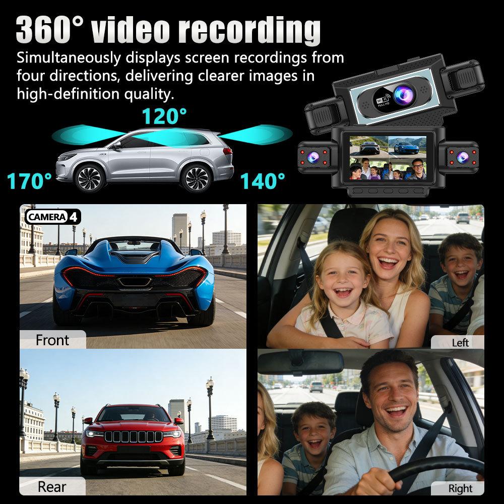 360° autokamera se 4 objektivy pro auta, WiFi aplikace, 1080P, 4-kanálový videozáznamník jízdy, kamera do kabiny a zadní kamera
