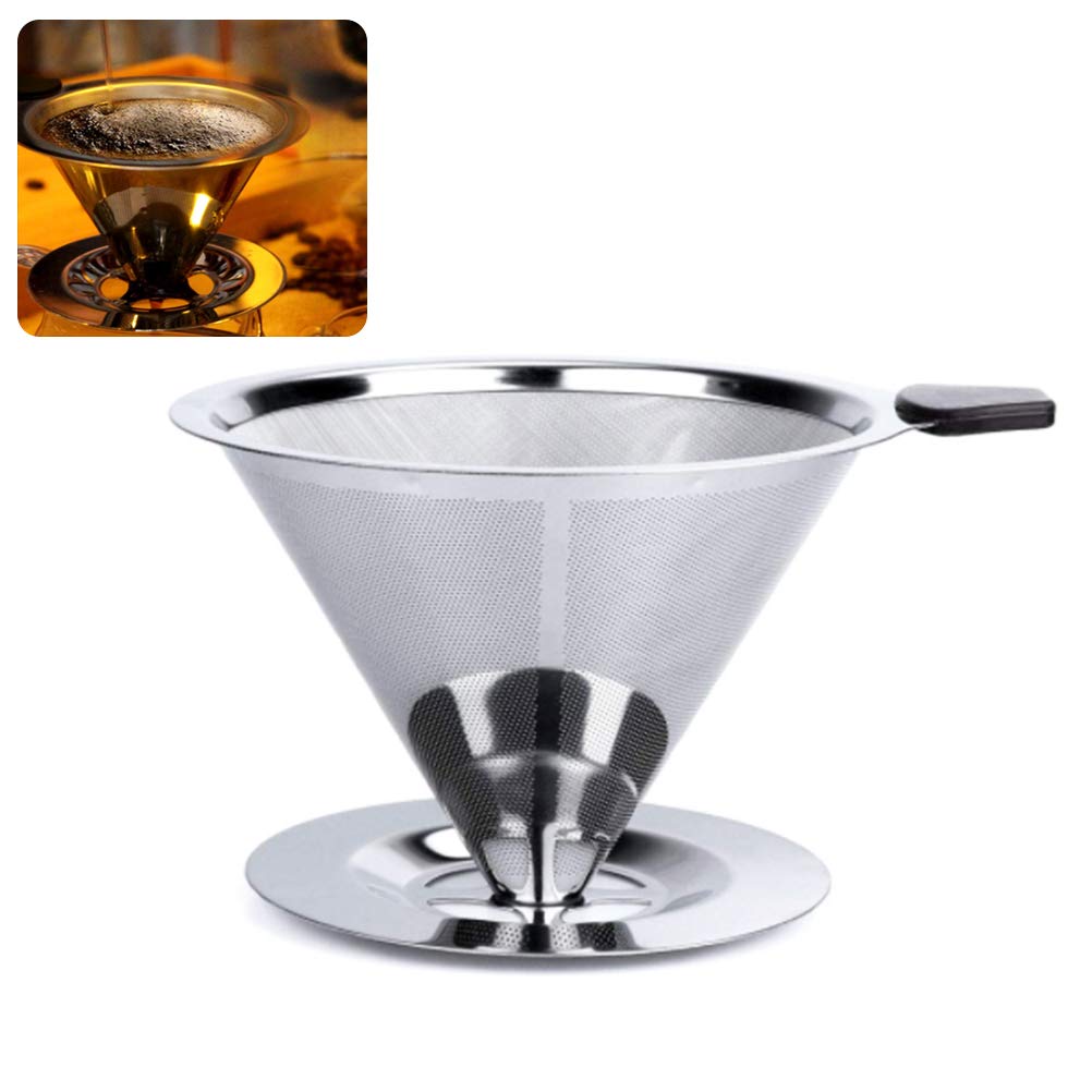Vanow Coffee Dripper with Stainless Steel Filter, Double-Layer Mesh, No Paper Filter Required, Dishwasher Safe, Silver, 10.396.5cm, Handmade Coffee
