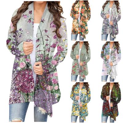 Women's Fashion Casual Floral Print Medium Length Cardigan Jacket Coat