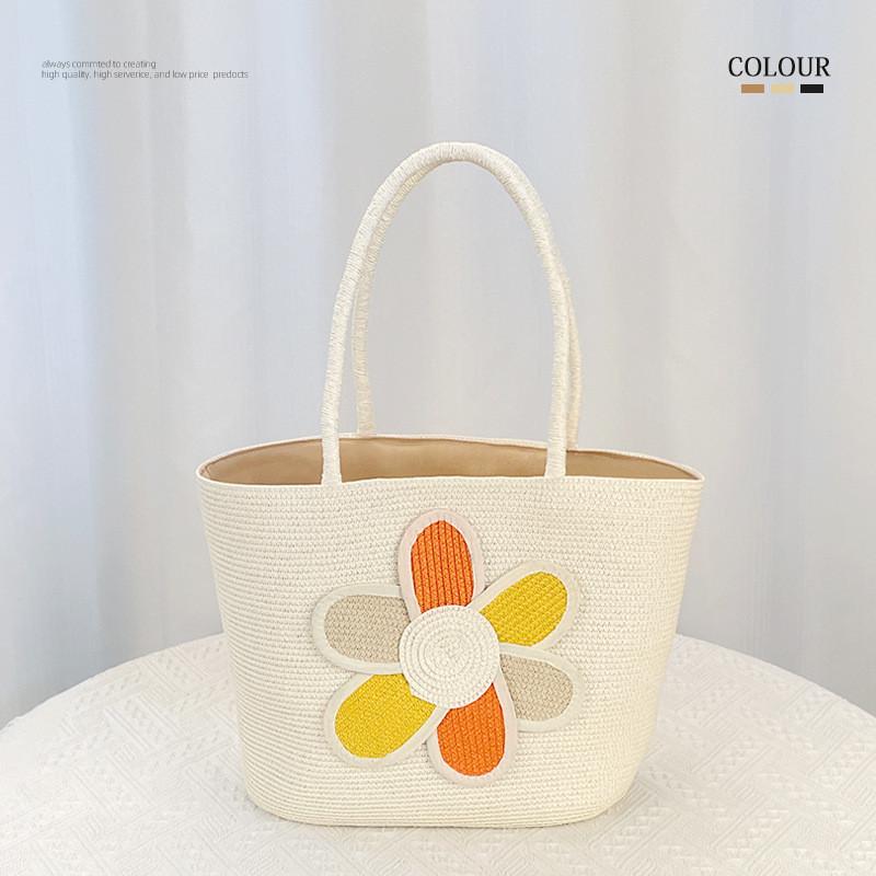 Simple Flower Color Blocked Pattern Women Large Capacity Woven Tote Bag For Summer Casual Use