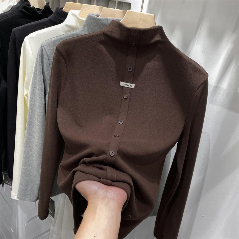 Half Turtleneck Base Blouse for Women In Autumn and Winter Double-sided Fur Plush Thickened Medium Collar Long Sleeve T-style Top