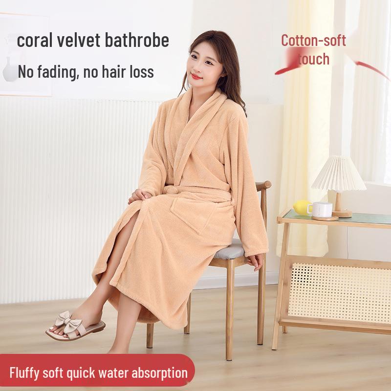 Women's Mid-Length Coral Fleece Yukata: Warm Autumn & Winter Bathrobe with Lapel