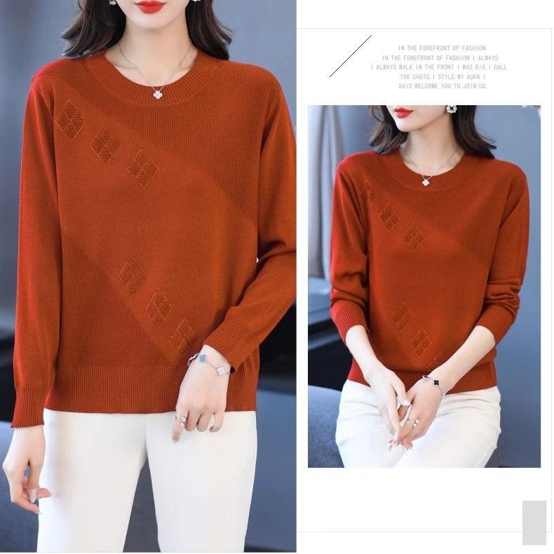 Women's Thin Crew Neck Knit Sweater Spring and Autumn Loose Solid Color Knit Pullover Top