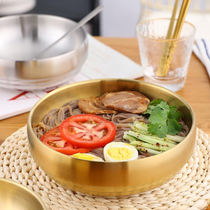 Korean Style 304 Stainless Steel Double Layer Cold Noodle Bowl Gold Silver Rice Bowl  Large Soup Bowl