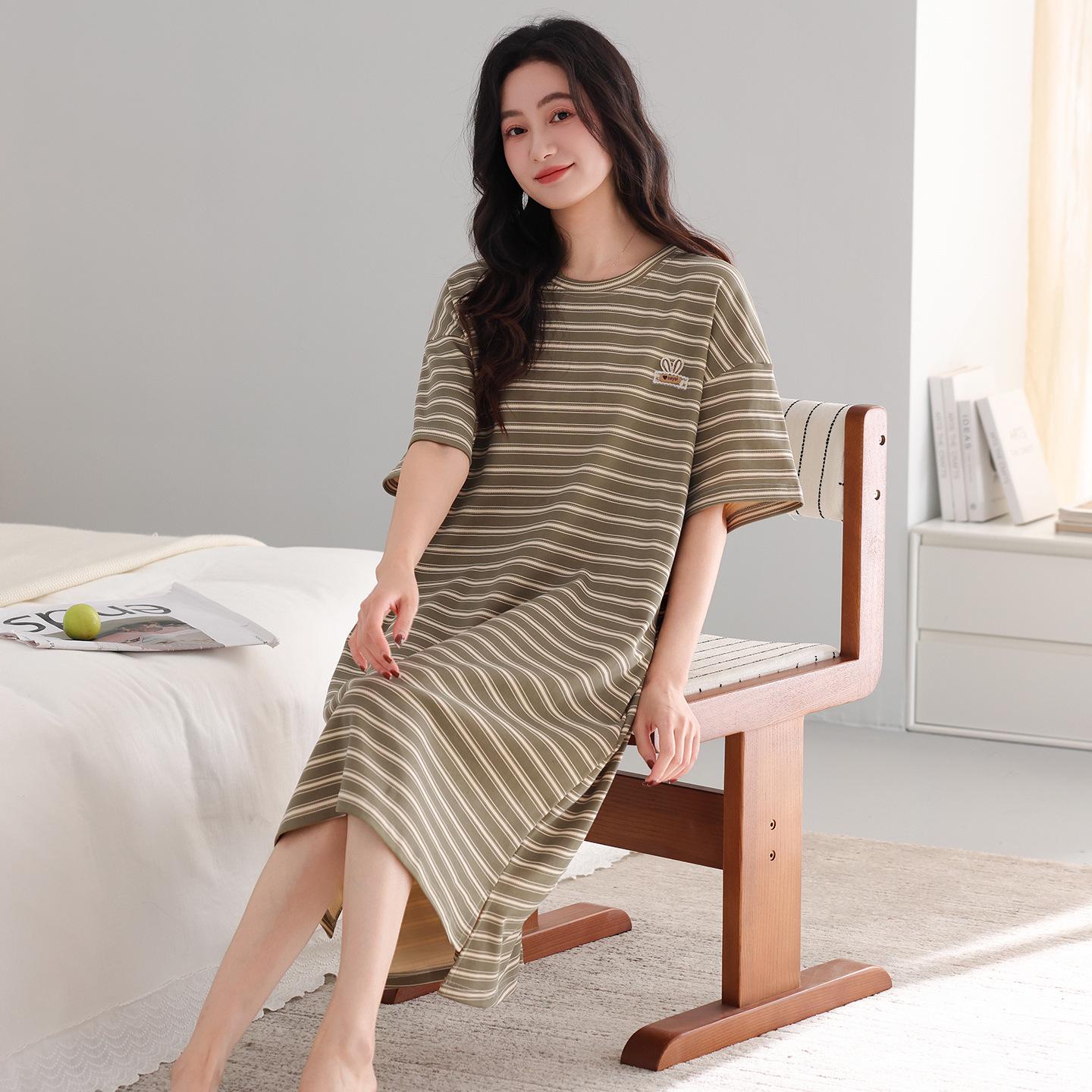 

Women s Pure Cotton Striped Nightgown, Short Sleeve, Mid-Length, Versatile for Outdoors, Loose Plus Size Loungewear, Comfortable Sleepwear. XL