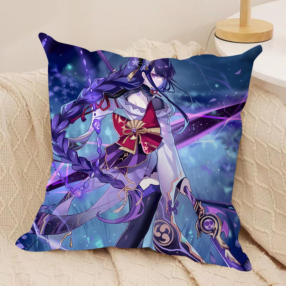 Raiden Shogun Genshin Impact Cushion Cover Silky Short Plush Invisible Zipper Dustproof Sofa Pillow Case For Home Decor