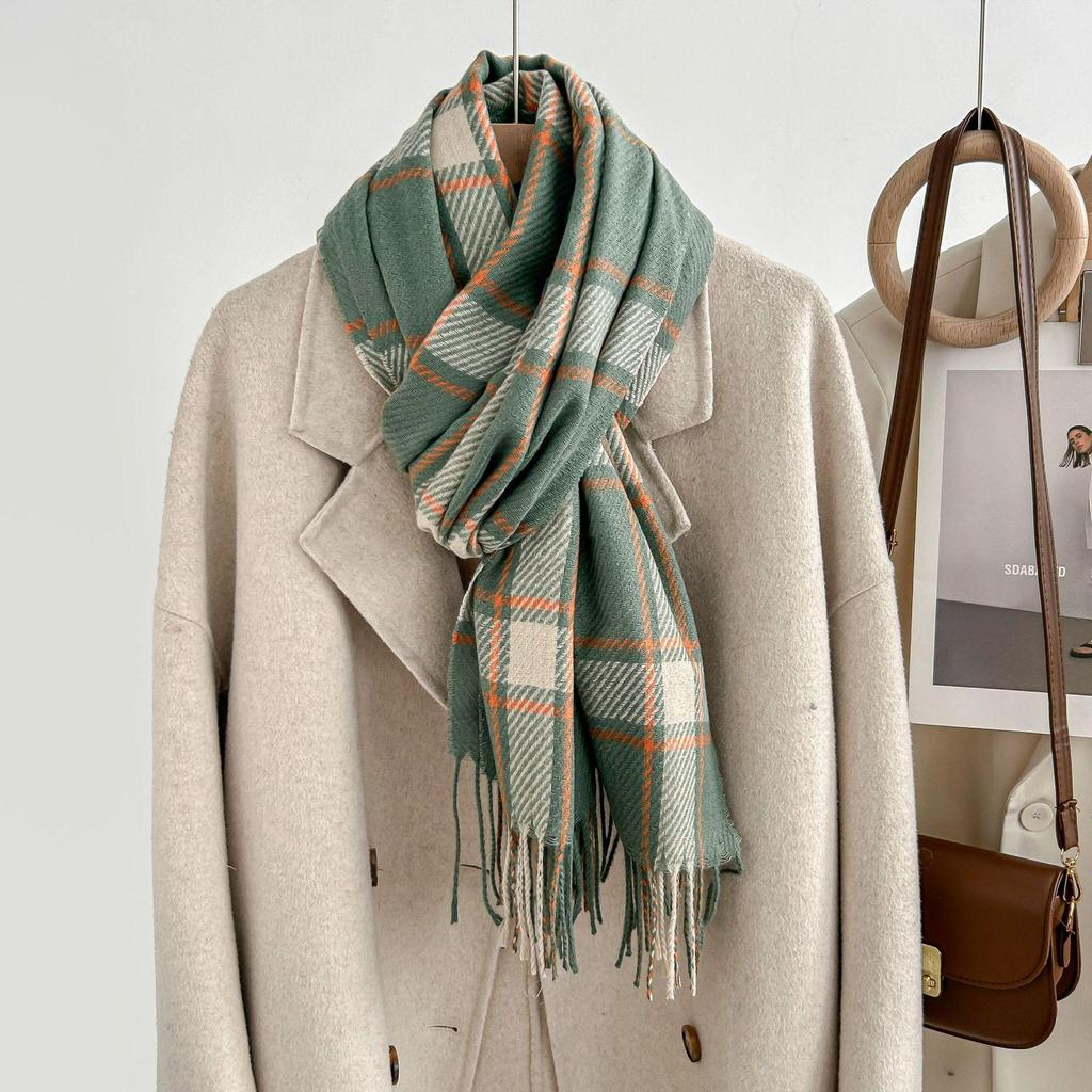 Women's Winter Plaid Imitation Cashmere Tassel Scarf, Thickened Korean Style Neck Warmer