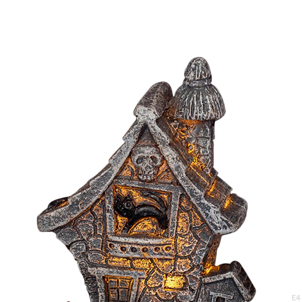 Mini Haunted House with Light Halloween Table Decoration Miniature Sculpture Ornament Lighted