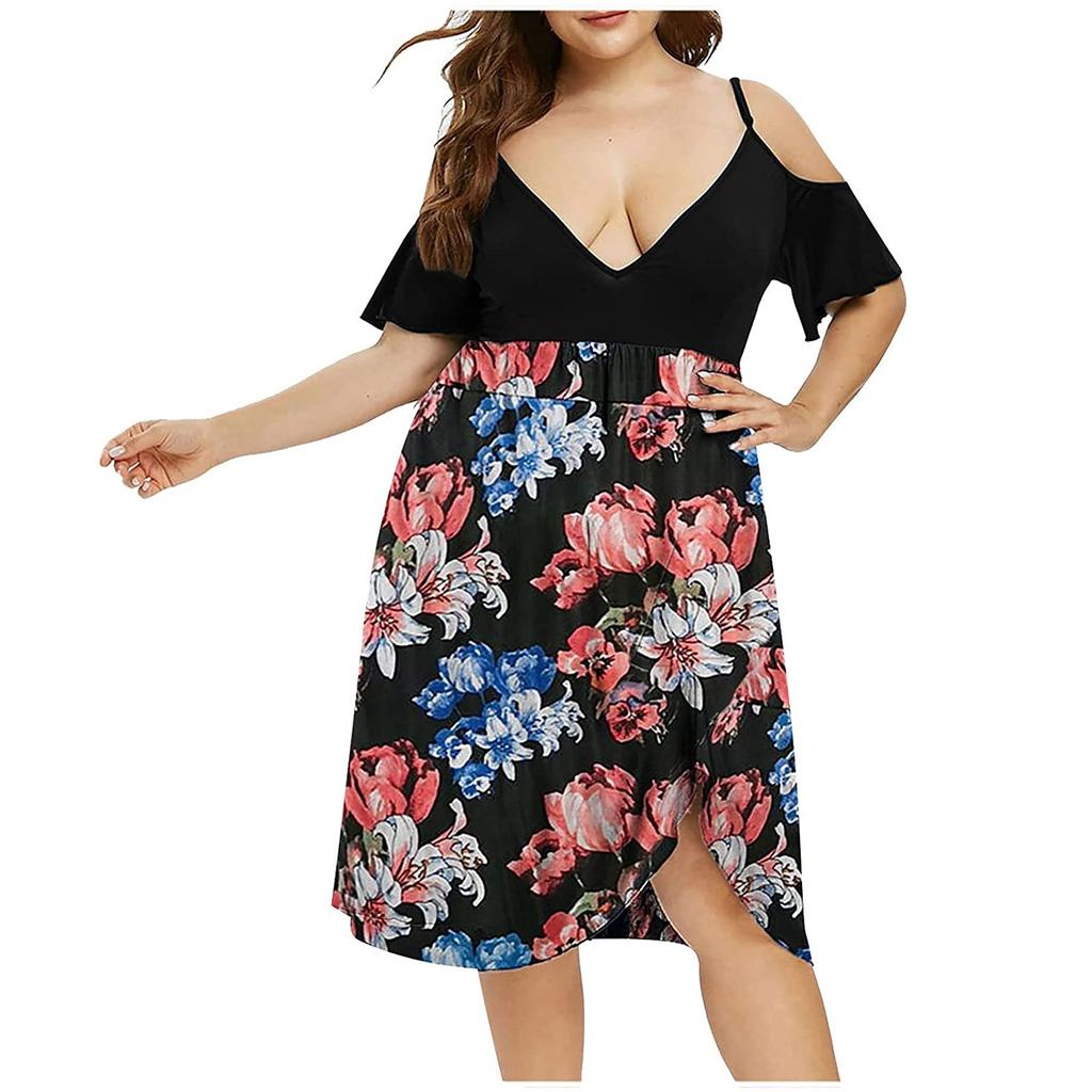Women's High Waist Belly Concealing V-Neck Strapless Printed Plus Size Dress