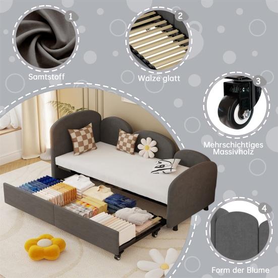 Twin Sofa Bed with Storage Drawers Large Capacity Drawer Rotary Wheels Velvet Upholstered Uneven Fence Sleep Solid Iron Frame Bedroom Twin Size Daybed