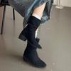 Fashion Temperament Retro Suede Square Head Thick Heel Piled Boots Women's 2025 Autumn and Winter New Height-increasing and Thin Versatile Short Boots