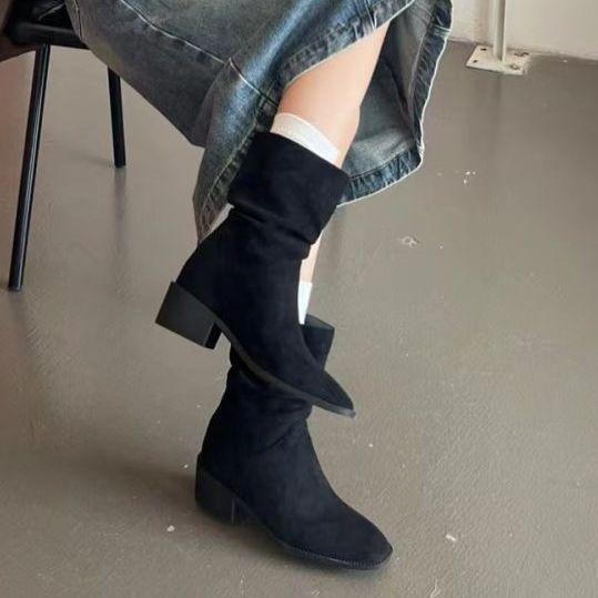 Fashion Temperament Retro Suede Square Head Thick Heel Piled Boots Women's 2025 Autumn and Winter New Height-increasing and Thin Versatile Short Boots