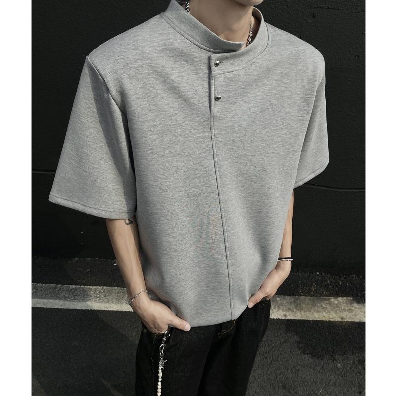 

Men s Gray Stand Collar Short Sleeve T Shirt Button Detail Casual Oversized Top M серый