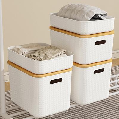 2 Pcs Organizing Boxes Hard Large Capacity with Bamboo Lid Dustproof Handle Holes Cosmetic Toys Clothes Sundries Storage Box Stackable Desktop