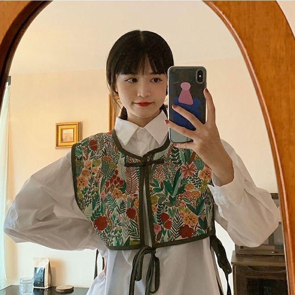 Random Pattern Women Embroidered Vest Floral Printed Lace Up Waistcoat Clothing Accessories