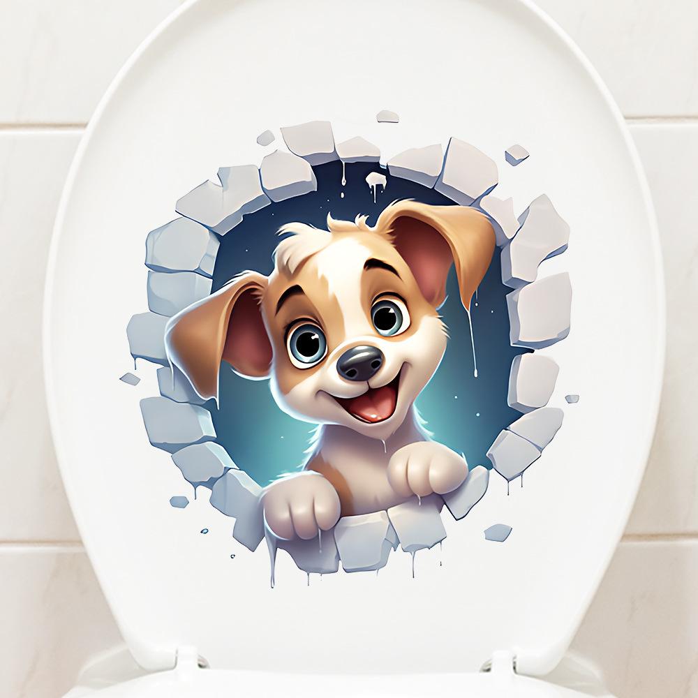Creative Cute Dog Breaking Through Wall Waterproof Self Adhesive Toilet Lid Sticker Bathroom Home Decor