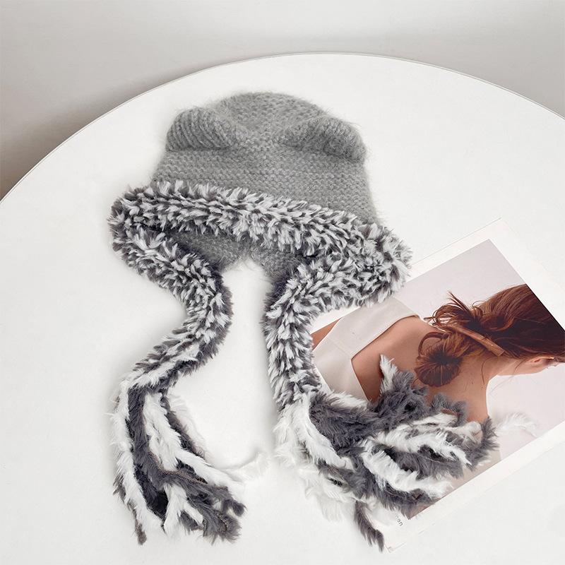 Cat Ears Contrasting Pigtails Knitted Hat Women's Winter Outdoor Warm Ear Protection Bear Hat Showing Face Small Pullover Wool Hat