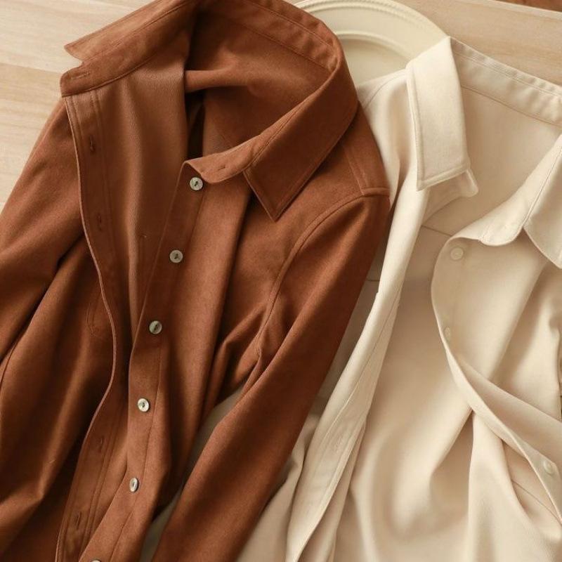 Brushed Shirt Autumn and Winter Thickened Casual Design Bottoming Top Long-sleeved Shirt Commuting Loose Jacket Women's Clothing