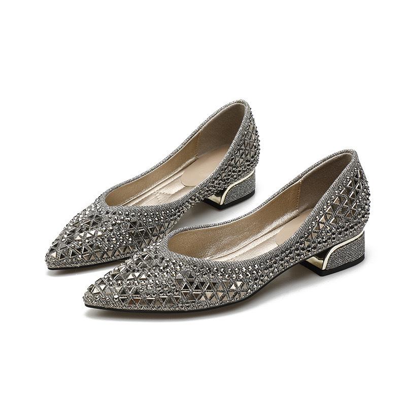 Women's 2024 Diamond-Studded Pointed Toe Chunky Heel Shoes for Spring & Autumn - Soft Bottom Wedding Shoes, Versatile Fairy Style, Large Sizes