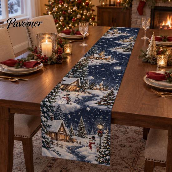Holiday Table Linen Christmas Flower Runner, Holly Berries Dining Decor, Poinsettia Gingerbread Gift for Friends Man Festive Runner Party Decor Indoor