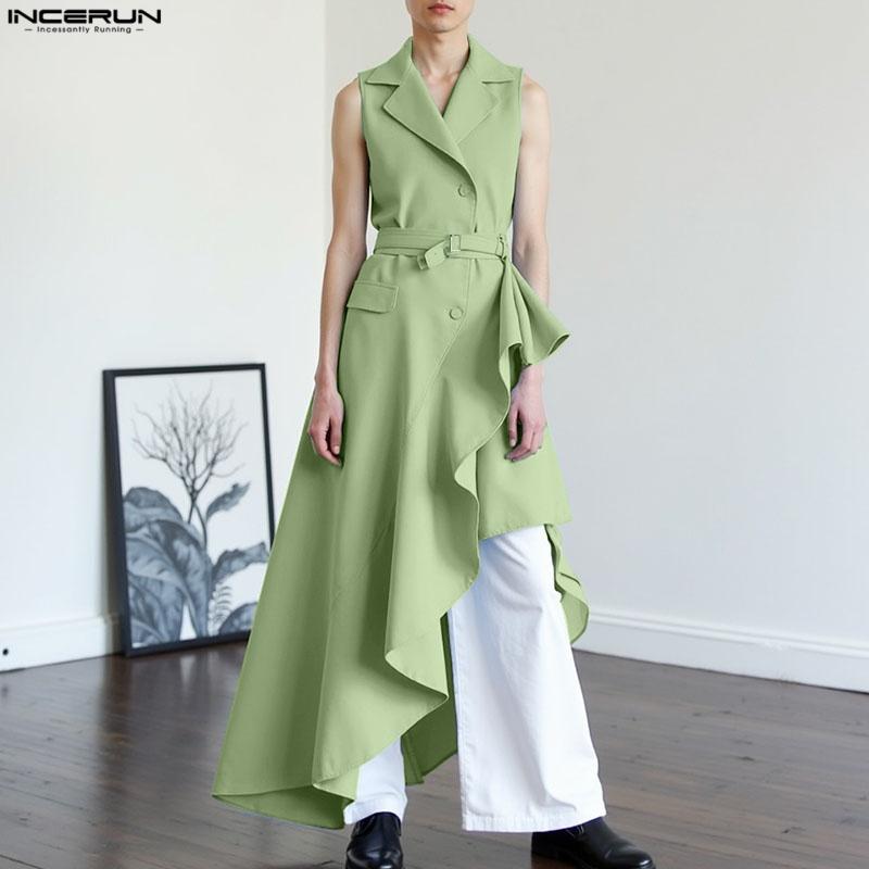 INCERUN Colete Longo Cardigã Sem Mangas com Lapela e Botões Irregular com Babados