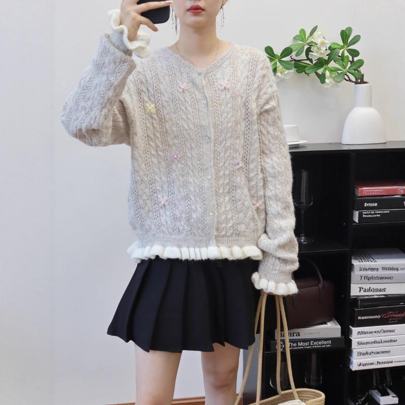 Autumn New Embroidered Loose Ruffle Edge Design Sense Knitted Cardigan Soft Waxy Sweet Sweater Jacket Women