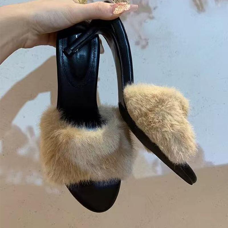 Fur Women High Heels Slippers Designer Shoes Dress Luxury Women Cotton Shoes 2025 Winter Elegant Sexy Zapatos Para Mujer