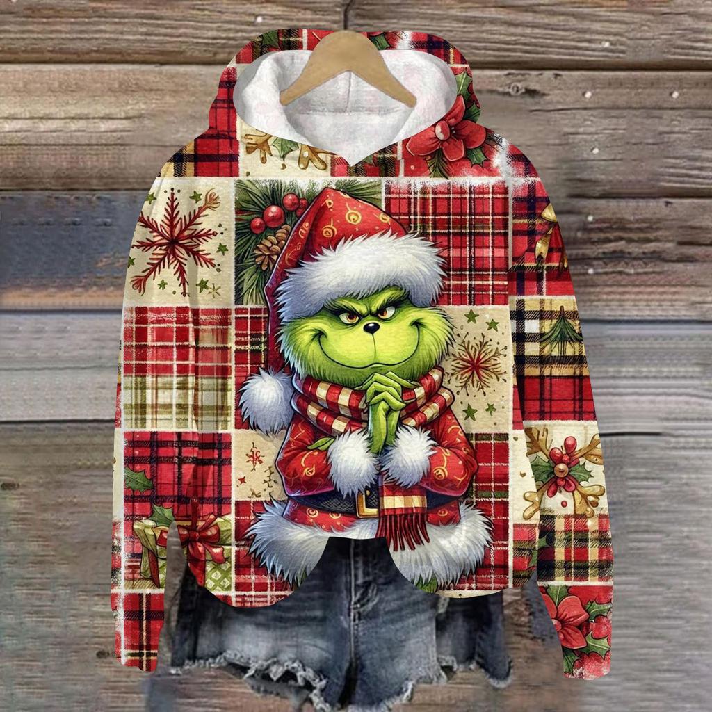 Ladies' Christmas Greentown Print Casual Long Sleeved Hooded Sweatshirt Top