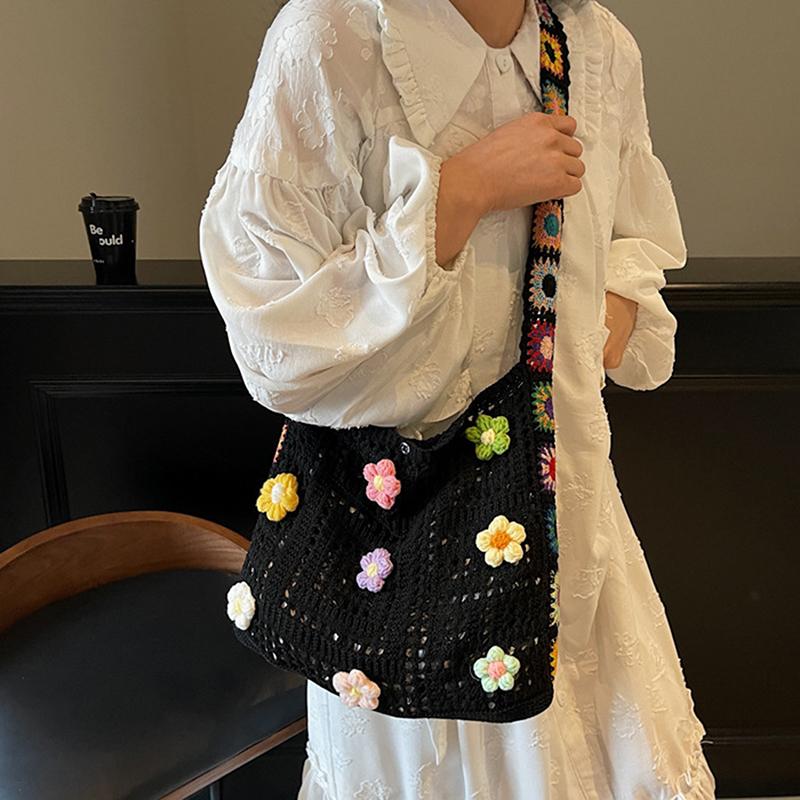 Summer Large Capacity Boho Tote Bag Floral Crochet Handbag Vintage Multicolor Cut-Out Knitted Fashionable Hollow Out Handbag