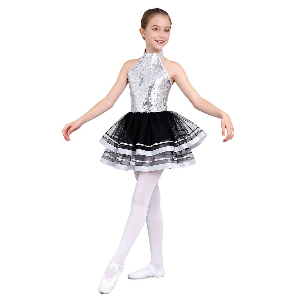 Girls Kids Sparkling Sequins Ballet Tutu Dress Modern Jazz Dance Outfit Stage Performance Costume Dancewear