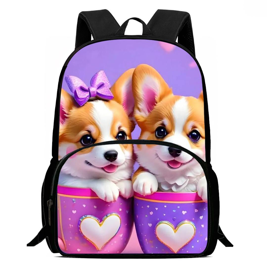 Kinder Cartoon Schooltassen Regenboog Corgi Bedrukte Kinderrugzak, Rugzakken met Grote Capaciteit voor Tienerstudenten, Tassen voor Jongens Meisjes purple