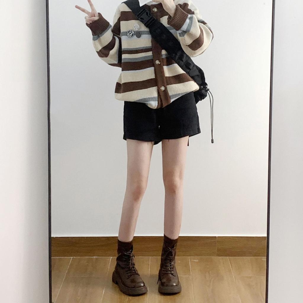Show small feet! Leather Martin boots women's 2025 new spring and autumn single boots British thick-soled small men look thin short boots women