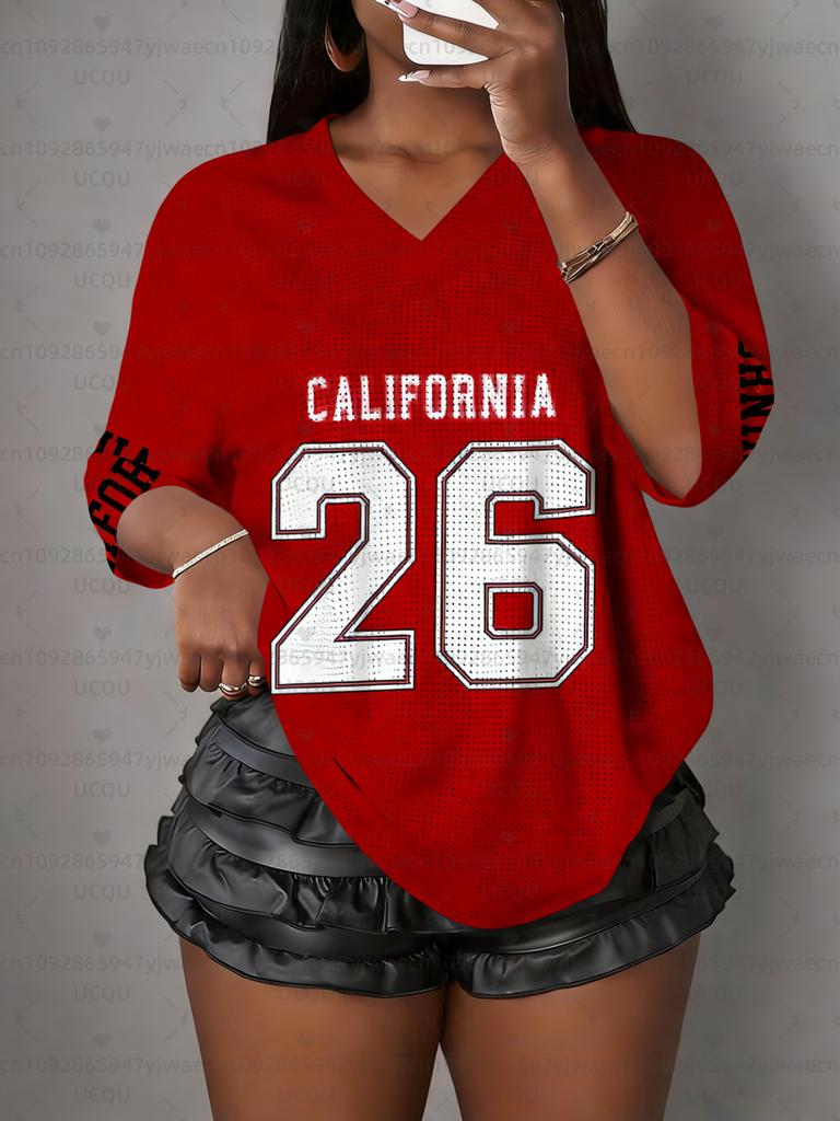 Women's California NO.26 Print V-Neck Short Sleeve T-Shirt Summer Graphic Tee Hole Mesh Jerseys Plus Size Sport T-Shirt