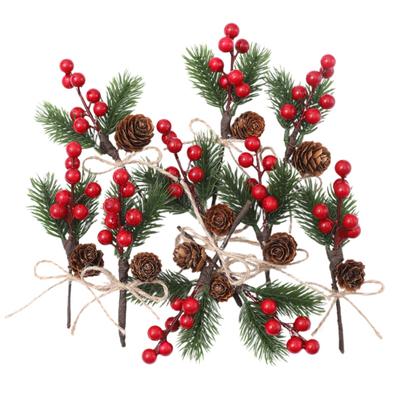 10 Pièces Branches d'Aiguilles de Pin Artificielles avec Baies Rouges Mini Pics Pommes de Pin pour Emballage Cadeau Artisanat Couronne de Fêtes Décor d'Arbre de Noël