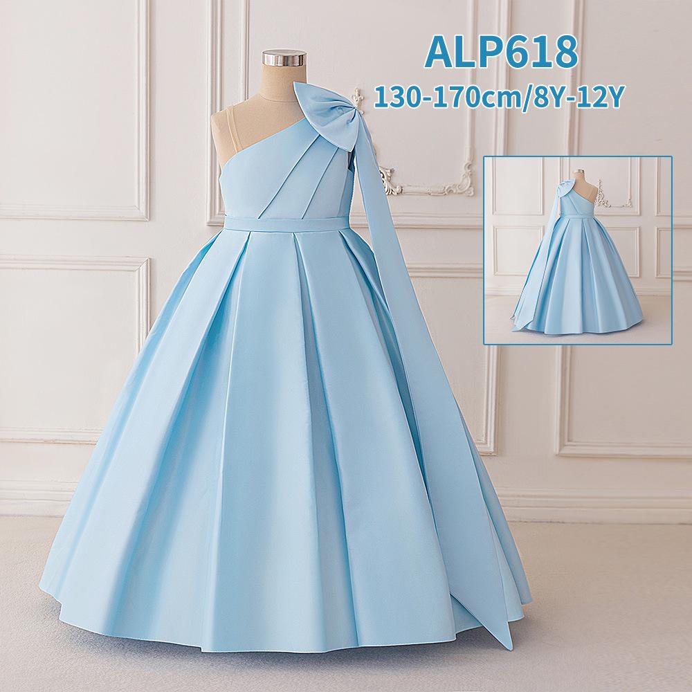 

Big Kid One-Shoulder Satin Princess Dress with XL Bow for Weddings & Performances Height 170cm, Age 12