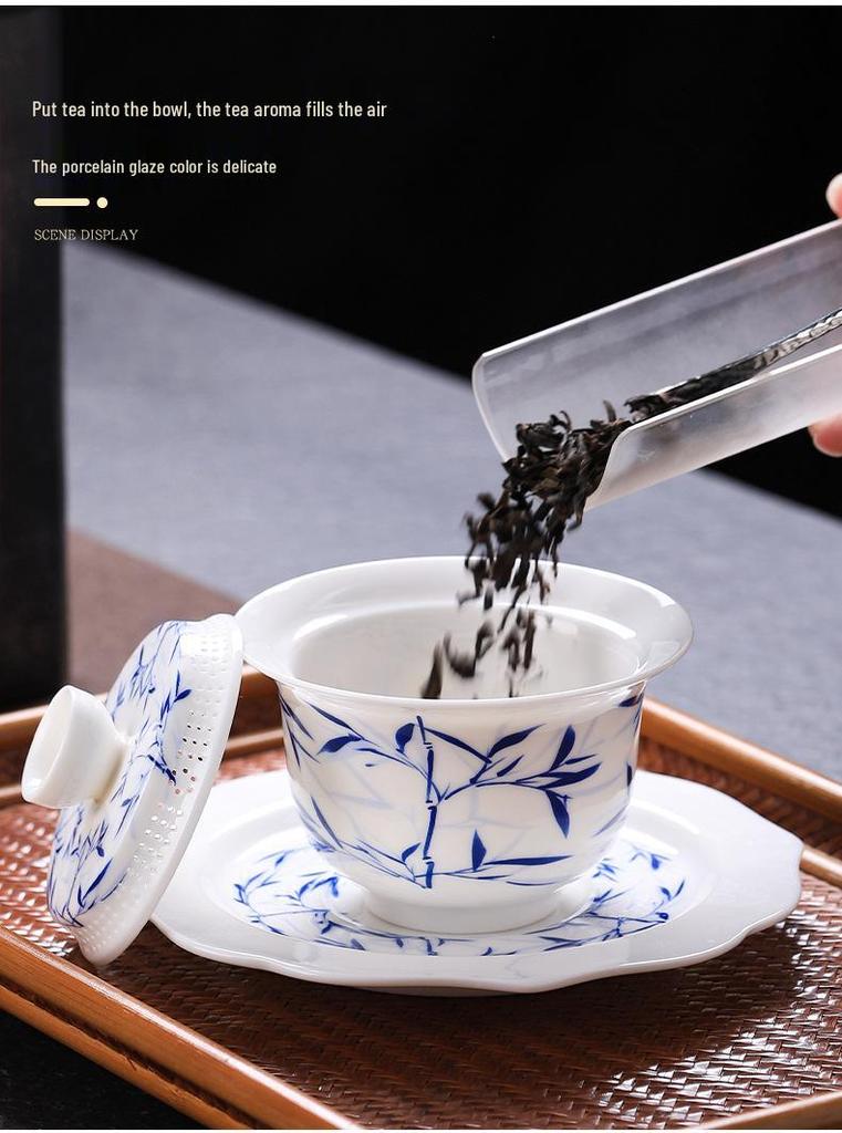 Large Dehua Mutton Fat Jade Ceramic Tea Bowl Set with Three Talents Lid