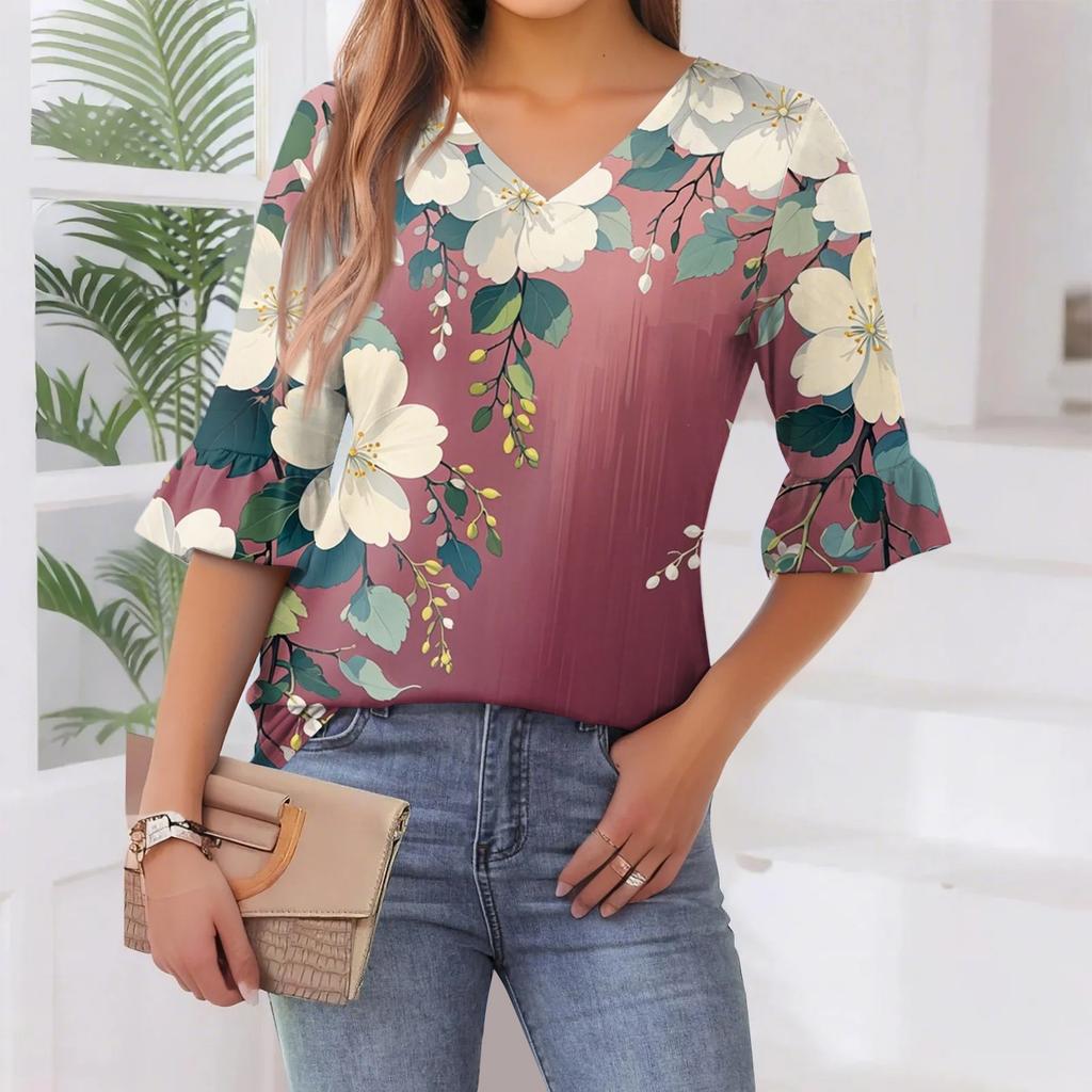 Women's Casual Fashion V-neck Pullover Loose Commuting Floral Three-quarter Sleeve T-shirt Top