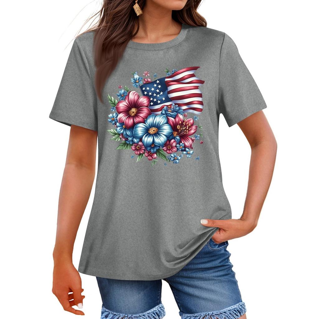 Damenmode Unabhängigkeitstag Bedrucktes Rundhals Kurzarm Freizeit T-Shirt Top