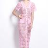 Women's Peter Pan Collar Short Sleeve Lace Sheath Dress High Waist Elegant Long Dress