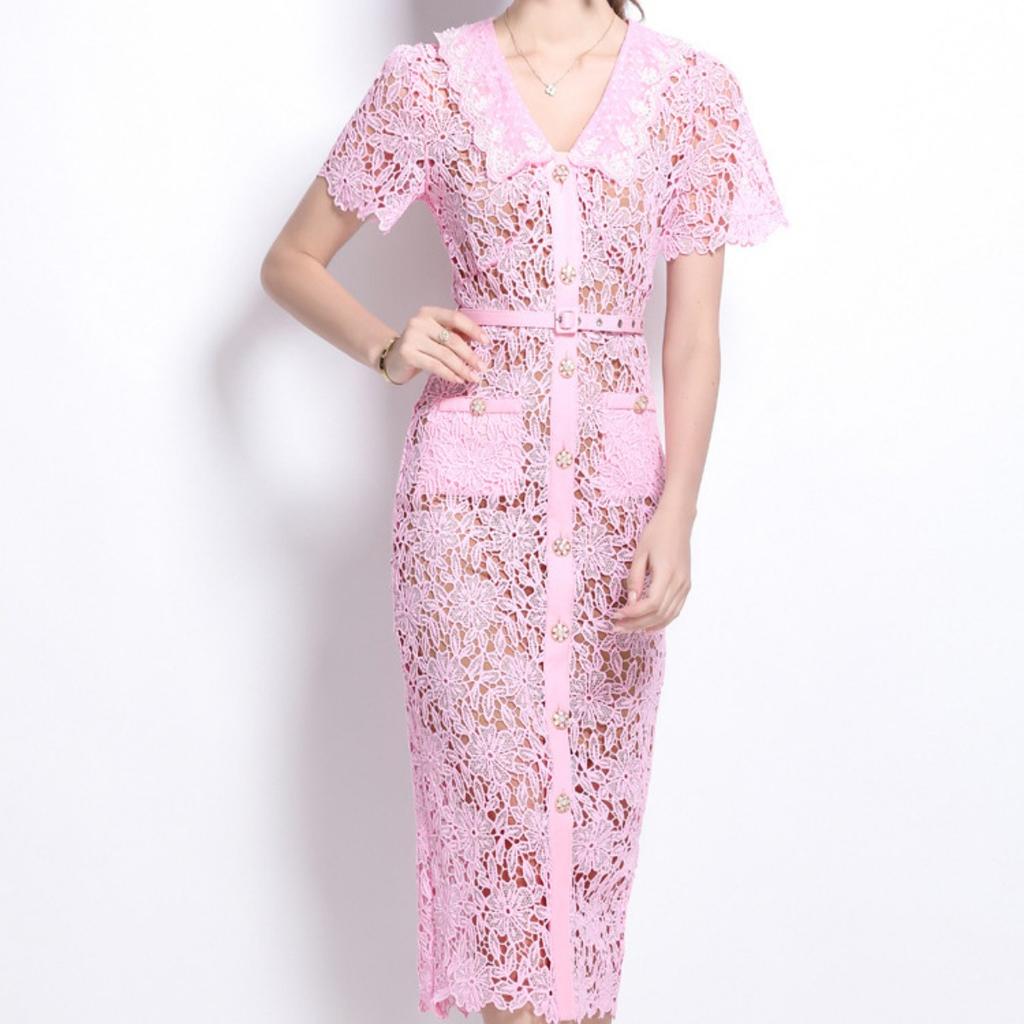 Women's Peter Pan Collar Short Sleeve Lace Sheath Dress High Waist Elegant Long Dress