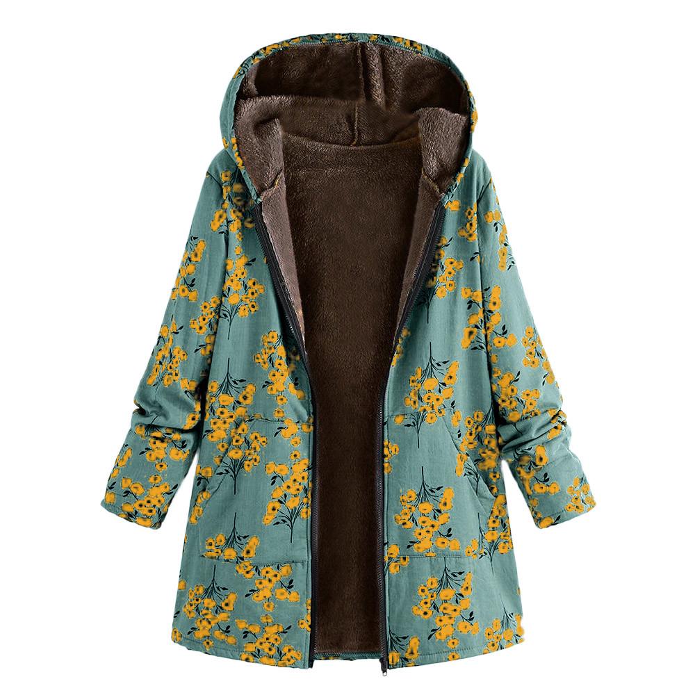 Womens Winter Warm Outwear Floral Print Hooded Pockets Vintage Oversize Coats