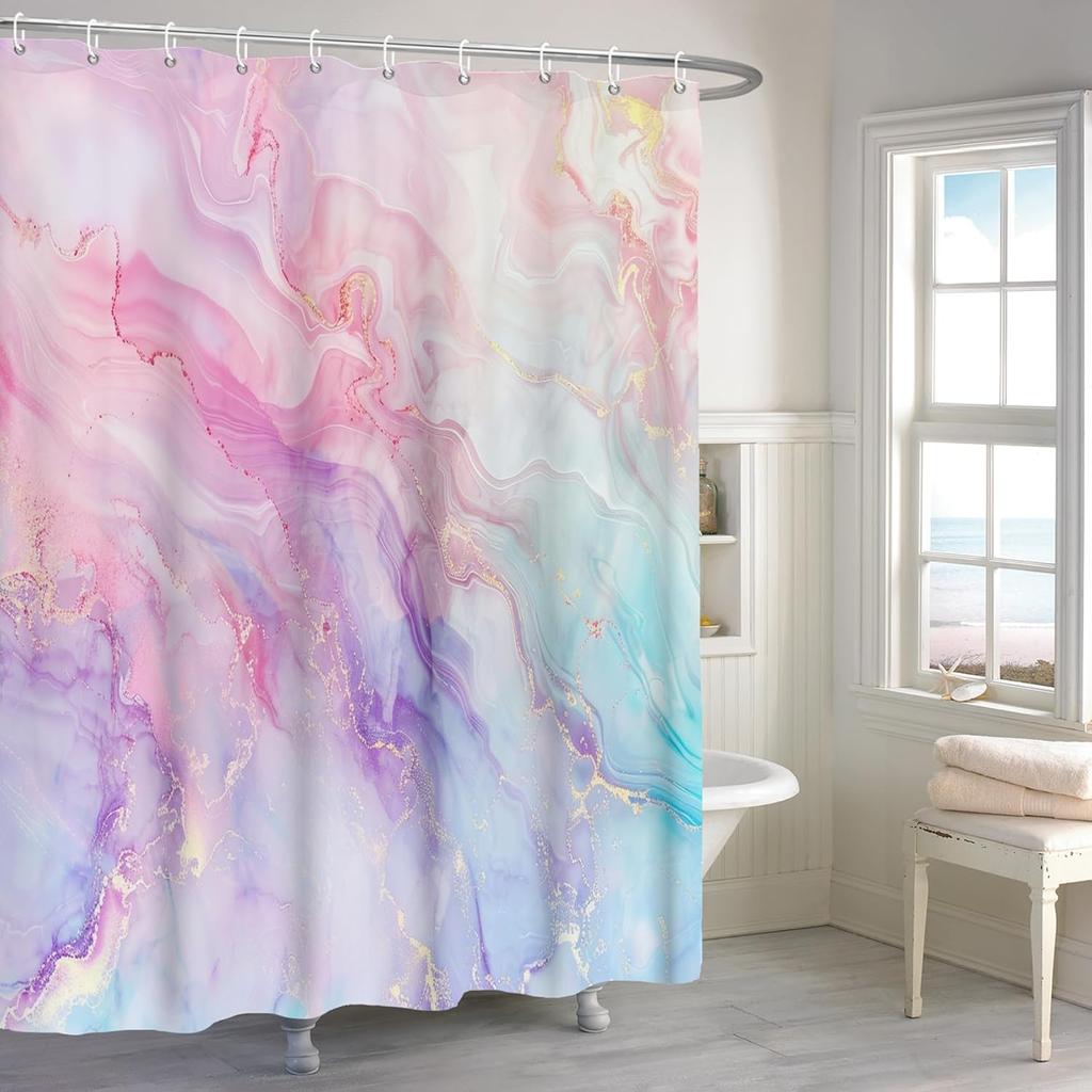Colored marble shower curtain abstract pink purple blue fluid ink art texture lines modern luxury fabric shower curtain