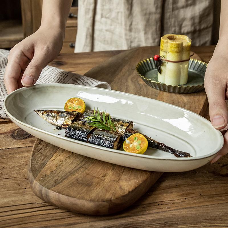 Retro Vintage Fish Plate 11 Inch Kiln-Changed Oval Steamed Fish Plate Household Ceramic Plate Japanese Material Plate Export