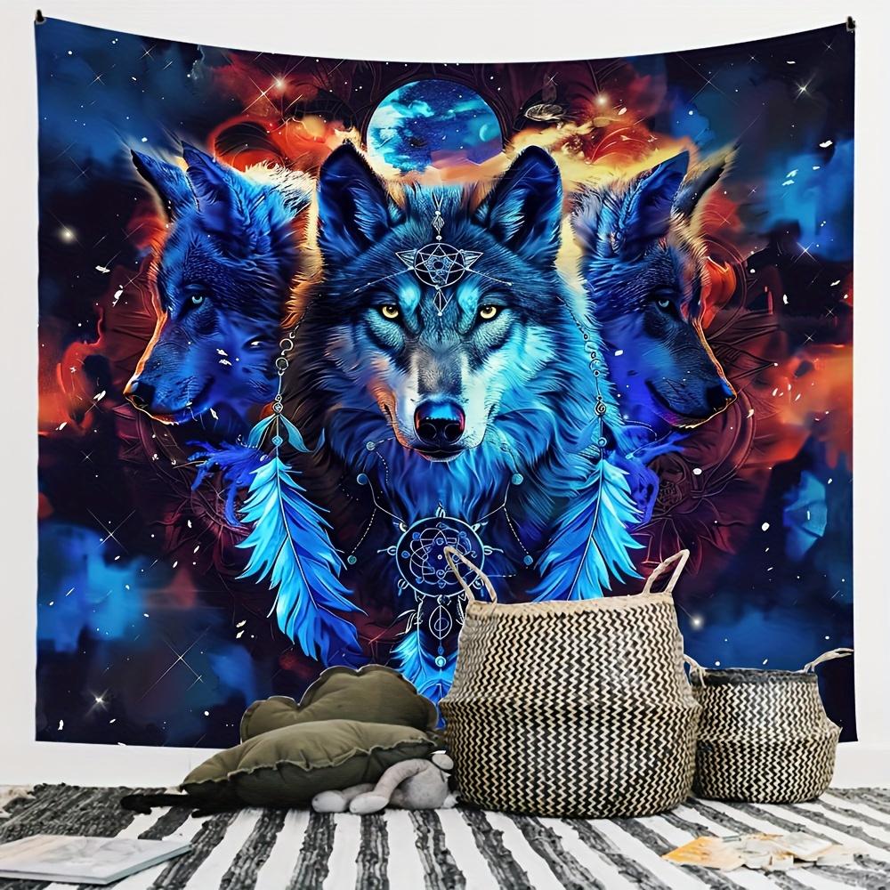 VIKAMA Fantasy Wolf Totem Tapestry Three Wolves Planet Feather Decor Nordic Bohemian Style Living Room Decor Room Accent