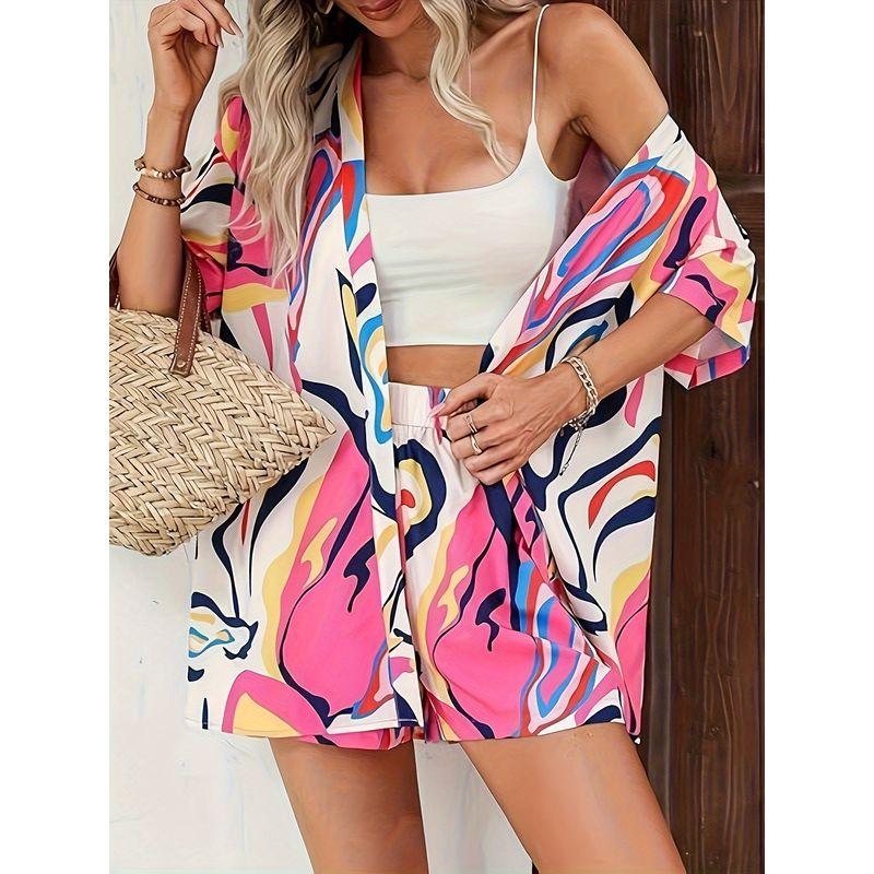 

Cross-Border European and American Summer New Fashion Irregular Print Short sleeve Cardigan Shirts Shorts Leisure Two-piece Suit Women Flower color(Figure) 2XL