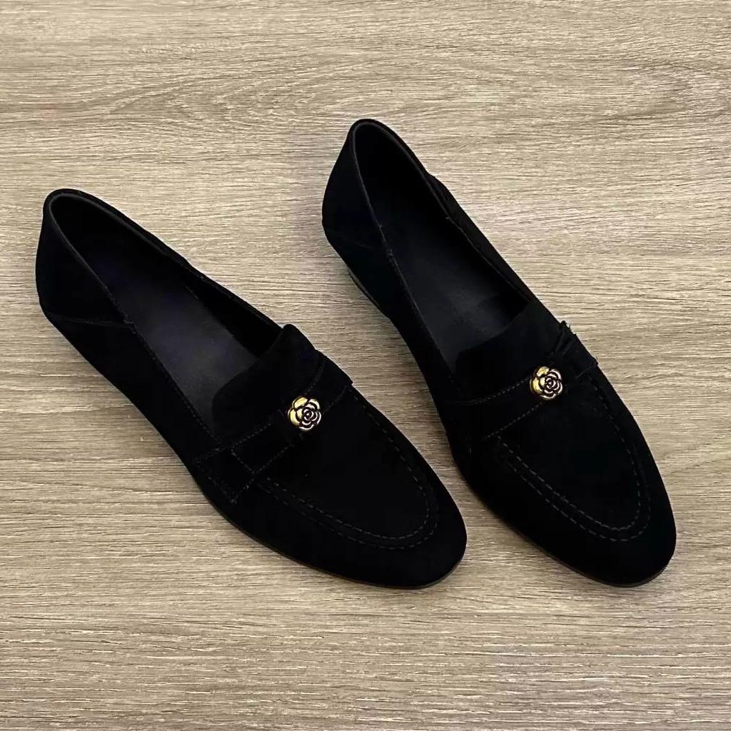 Sheepskin Version~ French Small Leather Shoes Genuine Leather Camellia Loafers Women's Round Head One Pedal Matte Medium Thick Heel Single Shoes