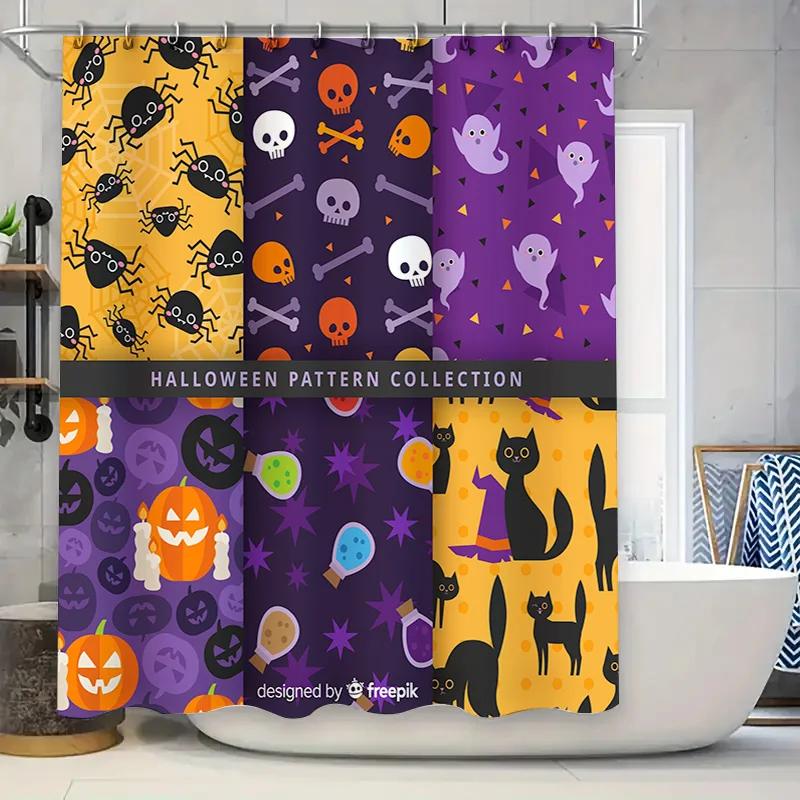 Halloween Shower Curtain Set Ghosts, Pumpkins Skulls Pattern Fabric Water Repellent Bath Rug Purple, Orange, Black Decor