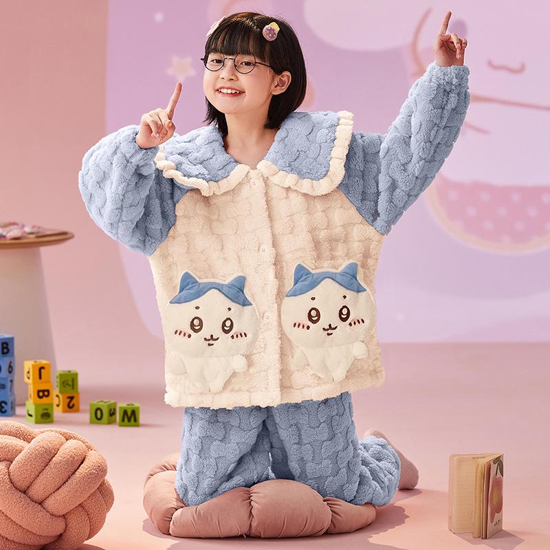 Kids Flannel Pajamas Set Boys Girls Warm Long Sleeve Top And Pants Sleepwear Winter Home Nightwear