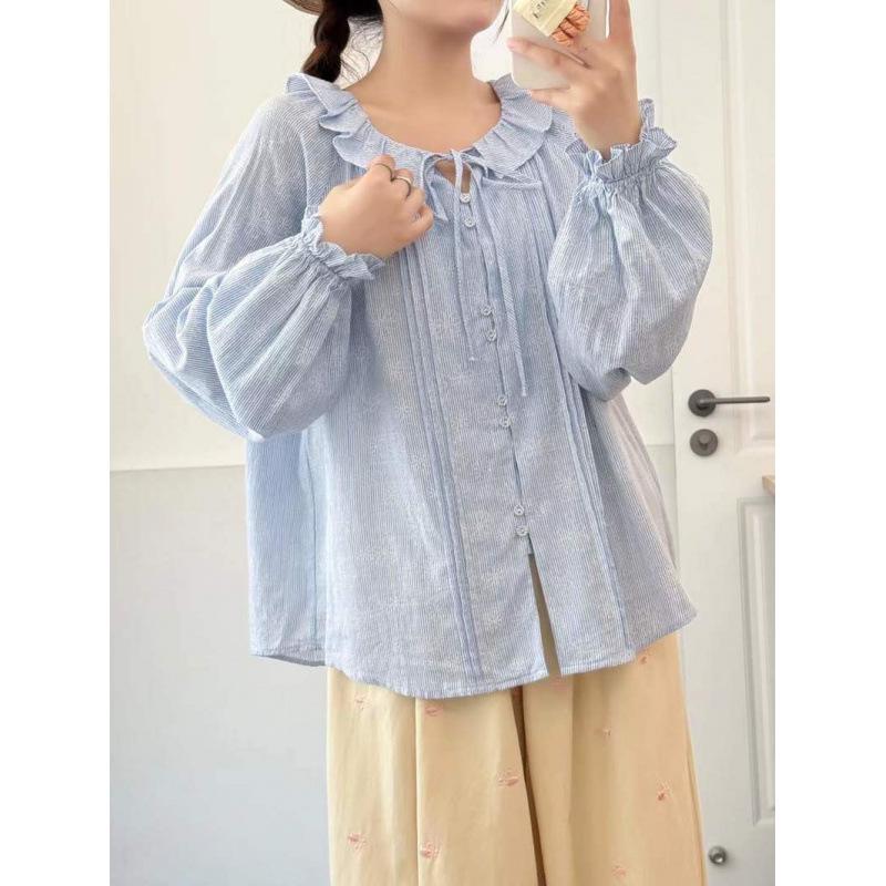 Spring 2026 Japanese Style Loose Wide Lapel Tie-Waist Pleated Women's Cardigan Shirt